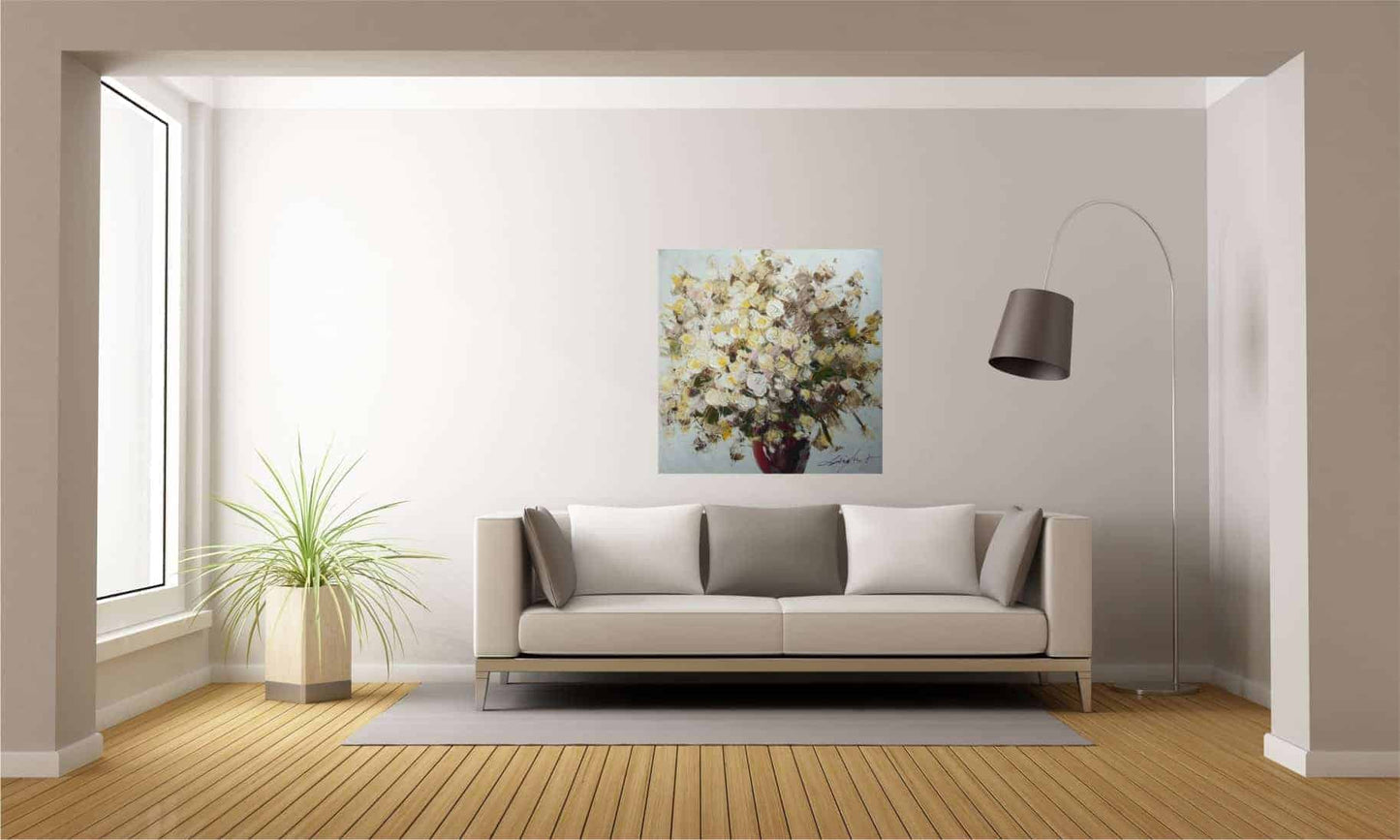 Tablou Pictat Manual Geranium alb, 60x60 cm, FSC 100%